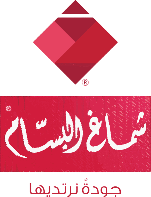 شعار البسام بعبارة شماغ البسام على خلفية حمراء